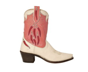 Cowgirl boot with pink and white leather and red hot peppers stitched in.